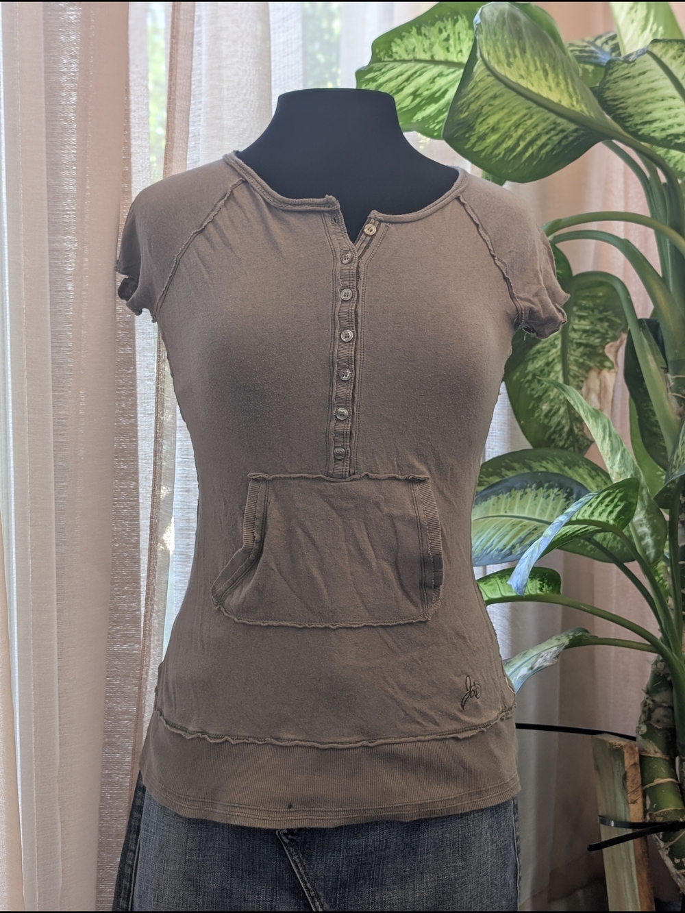 Joie Women's Short Sleeve Henley Pocket Top - Brown/Green